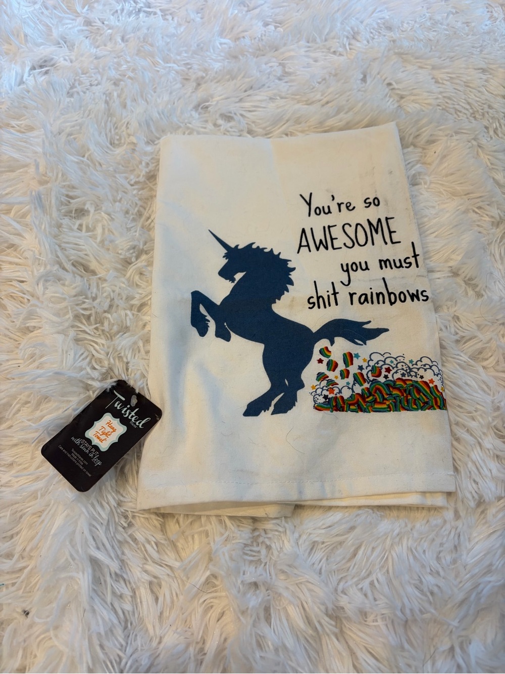 Twisted Funny Whimsy Unicorn Kitchen Towel - White with Navy and Rainbow Accents